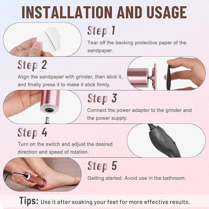Dermawave Electric Foot File Callus Remover for Feet, Professional Electric Foot Sander Filer Grinder with 60 Sandpaper Discs for Men & Women, Pedicure Tool for Corn Dead Skin Cracked Heel