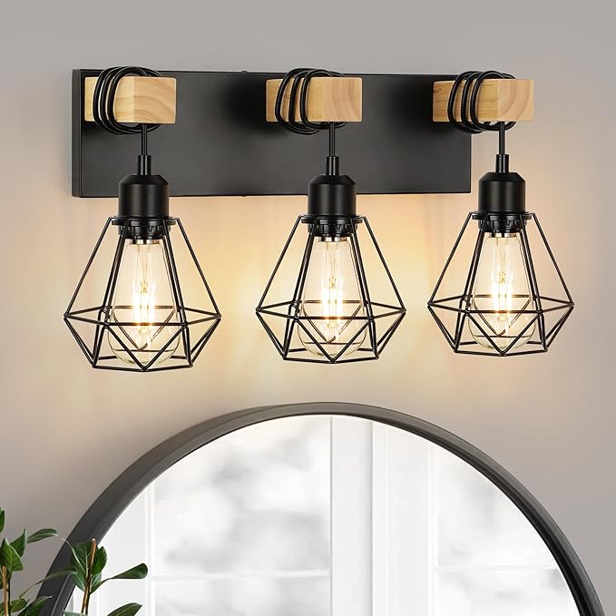 3-Light Farmhouse Vanity Light, Industrial Wood Bathroom Light Fixtures Over Mirror, Metal Lampshade for Bathroom, Hallway, Living Room