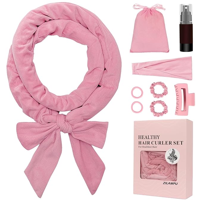 ZILAMPU Heatless Curls Overnight for Long Hair, No Heat Hair Curlers to Sleep In Overnight Curls, 70" Soft Velvet No Heat Overnight Curlers Set for Women (Pink, 9 Pcs)