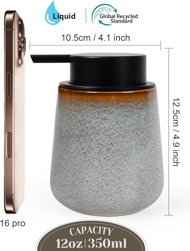 INGOFIN Ceramic Lotion Dispenser - 12 oz Refillable Hand Soap Dispenser Bathroom, Modern Liquid Dispenser with Pump, Dish Soap Dispenser for Kitchen, Kiln-Glazed Grey White