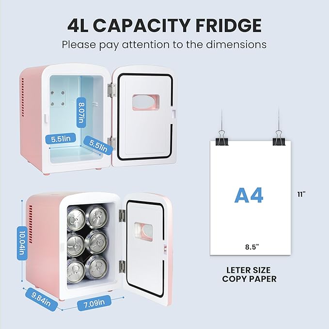 YSSOA 4L Mini Fridge with Observation Window, Portable Warmer & Cooler Six 12oz Cans Compact Refrigerator, 100% Eco Friendly and Freon-Free, Pink