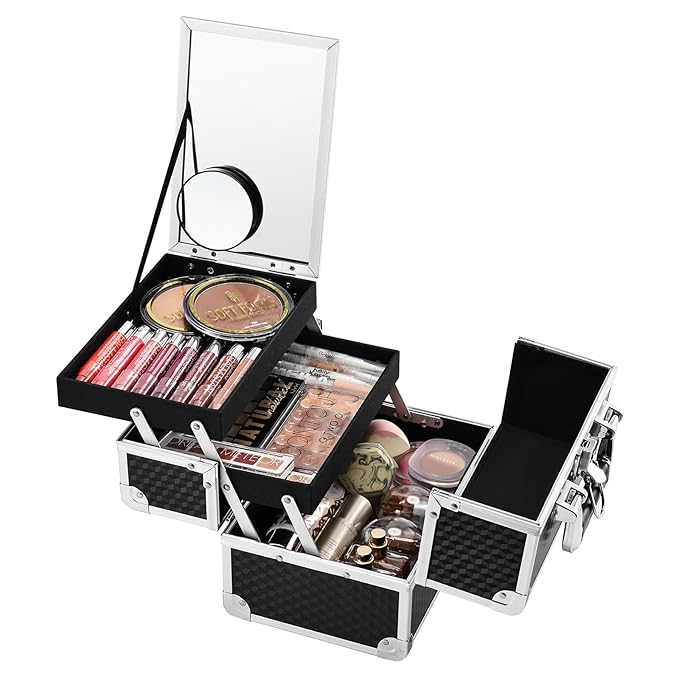 Joligrace Makeup Box Cosmetic Train Case Portable Makeup Organizer Case with Mirror 2 Tray Make up Storage Case for Nail Teach Craft Sewing Travel Vanity Modern Style Black