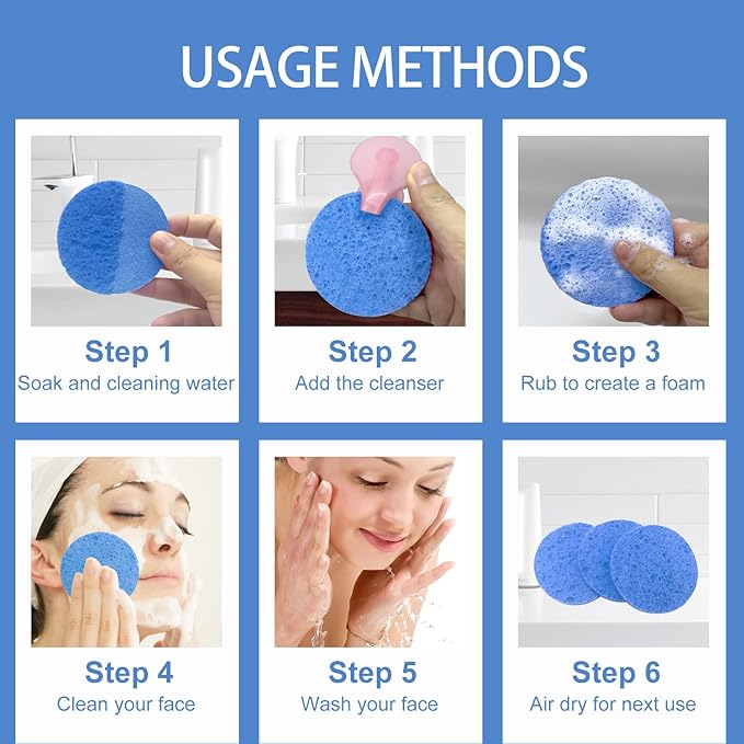 50-Count Large Compressed Facial Sponges for Estheticians, Daily Cleansing and Gentle Exfoliating- 100% Natural Cellulose Spa Sponge Perfect for Removing Dead Skin, Dirt and Makeup (Round 2.95",Blue)