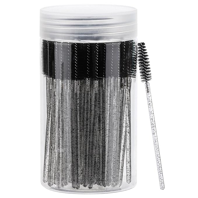 100 Pcs Disposable Mascara Wands, Crystal Eyebrow Spoolies Brush for Eyelash Extensions, Black Lash Brushes with Container