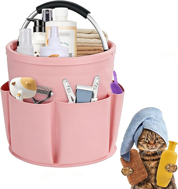 Felt Pet Dog Grooming Bag, Small Pet Grooming Tote Bag, 6-pocket Dog Grooming Supplies Organiser, Travel Outdoor Hold for Clippers Nail Grinder, Cleaning Brush, Trimmer, Nozzle, Pink