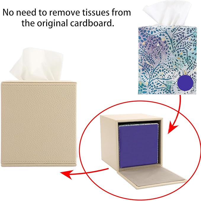 Sumnacon Tissue Box Cover Square Tissue Box Stylish PU Tissue Box Holder with Magnetic Bottom, Cube Leather Tissue Cover for Living Room Bathroom Table Desk Home Office Car, Beige