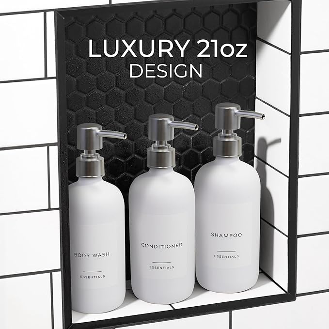 Stylish Shampoo and Conditioner Dispenser Set of 3 - Modern 21oz Shower Soap Bottles with Pump and Labels - Easy to Refill Body Wash Dispensers for an Instant Bathroom Decor Upgrade - White