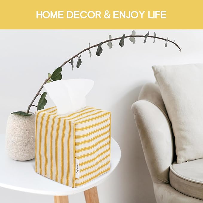 Tissue Box Cover, Fabric Tissue Box Holder Square, Stylish Toilet Paper Storage, Modern Bathroom Counter Organizer Decorations Accessories,Ticking Stripe 5''x5''x5'' (Ginger Yellow)