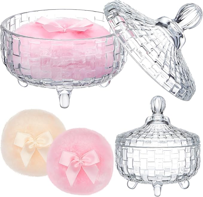 Tioncy 3 Pcs Large Body Powder Puff and Container Valentine's Day gift Powder Container with Puff Crystal Case Soft Washable Reusable Velour Face Body Glitter Wet Dry Makeup(Weave Design,Clear)