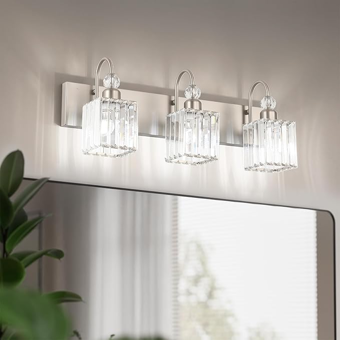 Ralbay Brushed Nickel Vanity Light for Bathroom Crystal 3-Light Modern Crystal Bathroom Light Fixtures