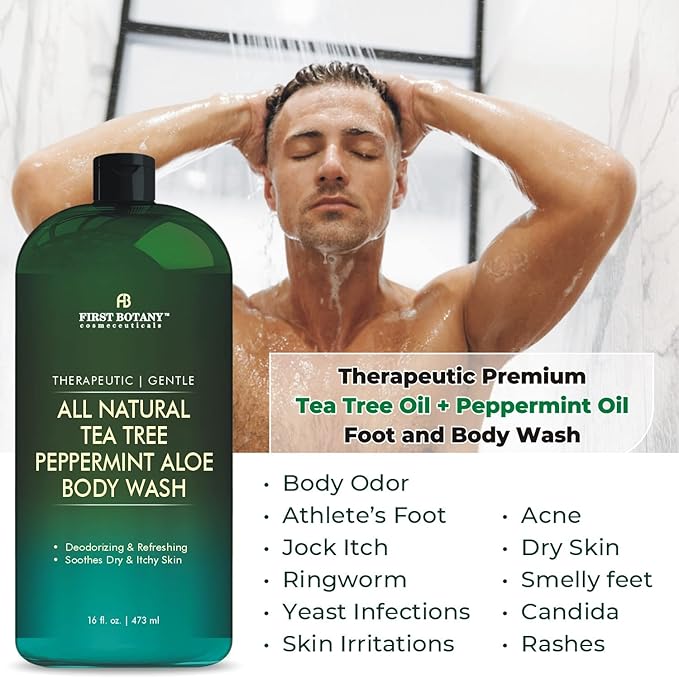 First Botany, ALL Natural Body Wash - Fights Body Odor, Athletes Foot, Jock Itch, Nail Issues, Dandruff, Acne, Eczema, Shower Gel for Women & Men, Skin Cleanser -16 fl oz (Tea Tree Mint)