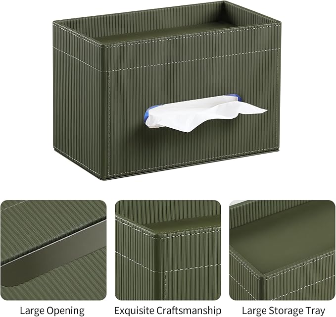 Rectangular Tissue Box Cover with Storage Tray, PU Leather Tissue Box Holder for Bathroom Vanity Countertop Night Stands Bedroom Office Desk, Stylish Tissue Holder Decorative Organizer (Green)