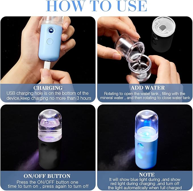 Honoson 2 Pack Nano Facial Mister Spray Bottle Handheld Humidifier Portable Face Mister for Eyelash Extensions USB Rechargeable 1 oz Mini Skin Care Machine for Daily Makeup(Black and Blue)
