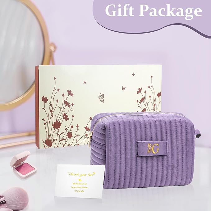 COSHAYSOO Sister Birthday Gifts for Women Best Friend Bestie Friendship Fashion Makeup Bag Make Up Cosmetic Pouch Travel Size Toiletries Skin Care Essentials Organizer Purple Velvet Initial Letter G