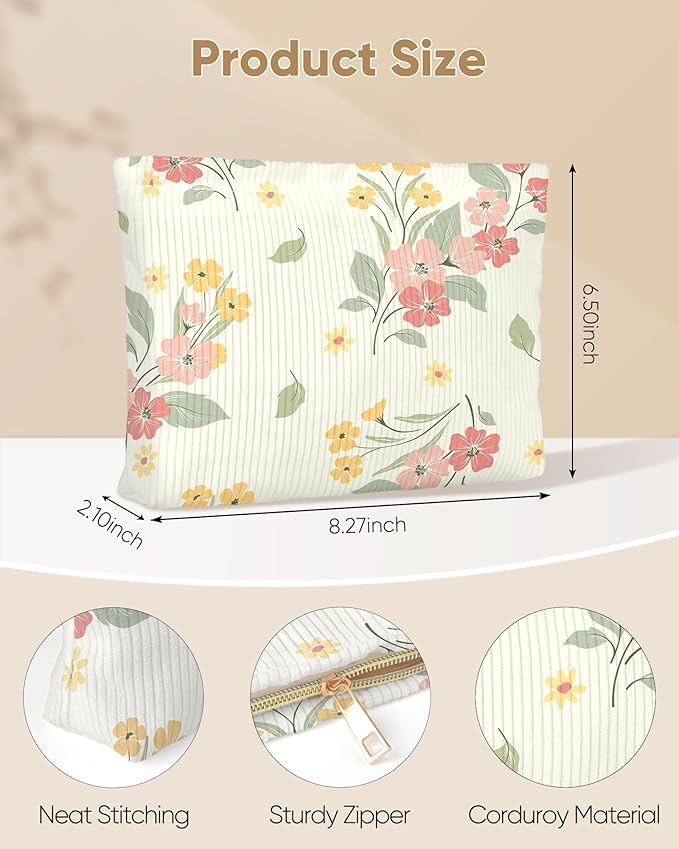 Cute Floral Makeup Pouch for Women Small Make Up Bag for Purse Zipper Initial Makeup Cosmetic Bags Pouches for Purse Aesthetic Travel Toiletry Bags, Elegent Pink Yellow Floral