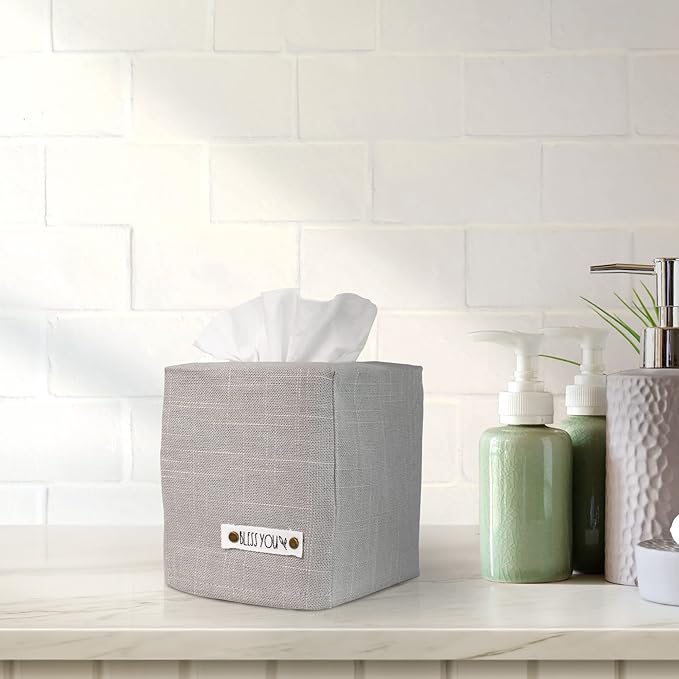 Stylish Tissue Box Cover - This Gray Linen Holder Instantly Covers Your Square Tissue Boxes - The Perfect Cube Cover for Your Bathroom and Home