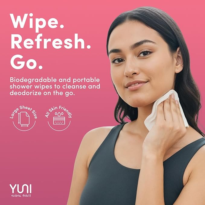 YUNI Beauty Large Body Wipes (Rose Cucumber, 12 Count) Soft Moist Showerless Wipe, Cleanse & Deodorize Waterless Travel Body Cleanser, Biodegradable Individually Wrapped Body Wipe for Camping or Gym
