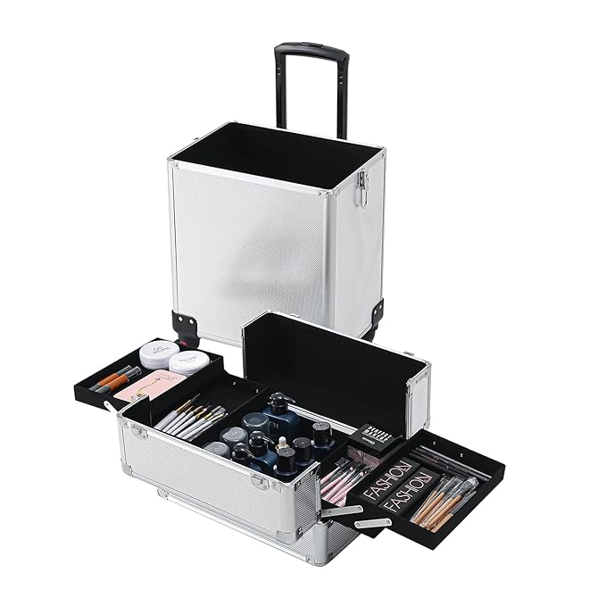 4 in 1 Rolling Makeup Train Case, Professional Aluminum Makeup Travel Organizer Cosmetic Case, Cosmetology Caboodle Case on 360° Wheels, Beauty Storage Luggage Lockable(Silver)