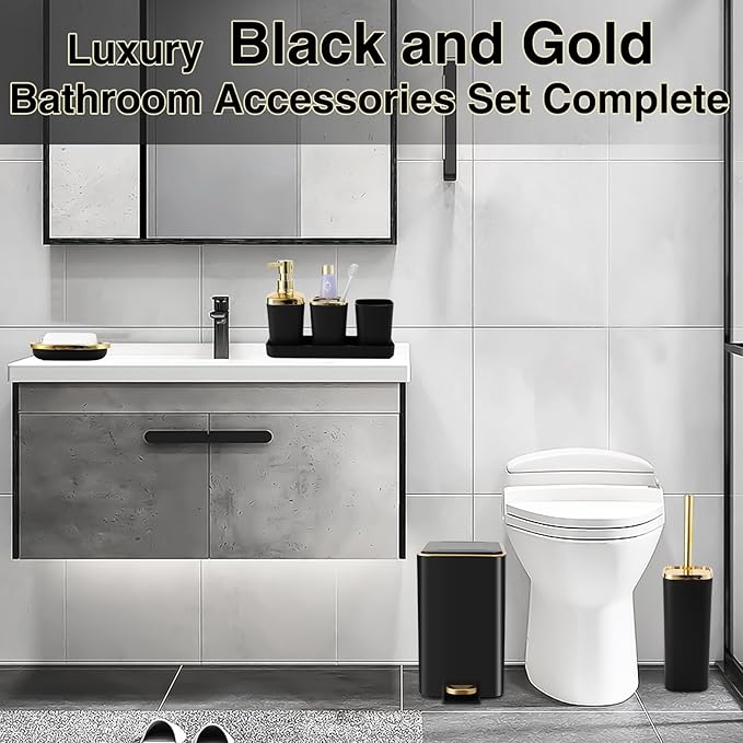 Black Bathroom Accessories 8 Piece Black and Gold Bathroom Set, Bathroom Accessories with Stainless Steel Bathroom Trash Can,Toilet Brush,Toothbrush Set,Soap Dispenser