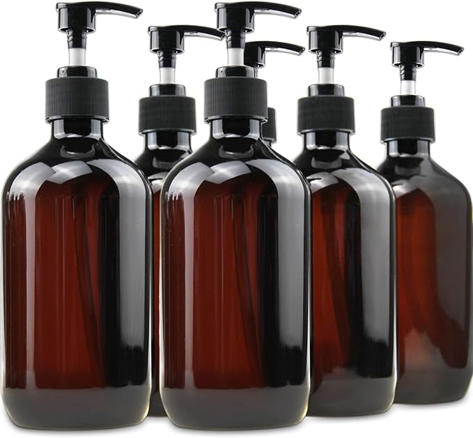 Empty Plastic Bottles with Pump Dispenser and Labels Included, Refillable Travel Containers for Hand sanitizer Shampoo Lotion, etc - No BPA/Parabenf, 500ml/16.9oz (Amber, 6 Pack)