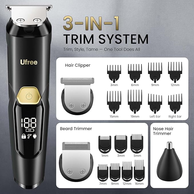 Ufree 3-in-1 Beard Trimmer for Men, Valentine Gifts for Men, IPX6 Waterproof Men's Electric Razor Shaver for Mustache, Professional Hair Trimmer Clippers, Type-C Body Grooming Kit