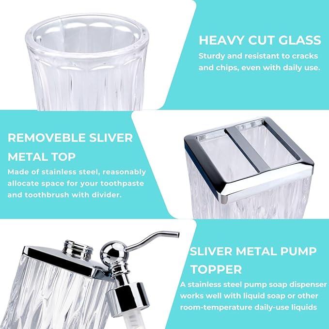Bathroom Accessories Set,5 Pcs Clear Glass Bathroom Accessory Set,Complete Lotion Soap Dispenser,Toothbrush Holder, Soap Dish,Tumbler & Jar,Modern Bathroom Decor Sets Gift,Square