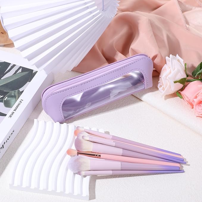 Clear Makeup Brush Bag, PU Leather Small Makeup Pouch Portable Travel Mini Cosmetic Bag Transparent Waterproof Organizer Pouch with Zipper for Women Home Travel Office Cosmetic Storage (Purple)