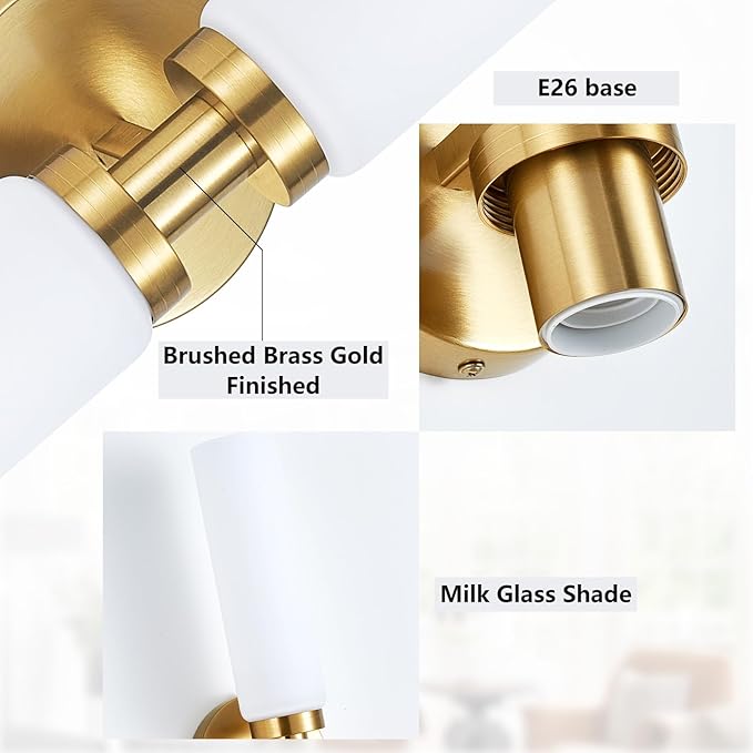 2 Light Brushed Brass Gold Bathroom Light Fixture Over Mirror, Modern Farmhouse Bathroom Vanity Lights with Milky White Frosted Glass Shade, Wall Sconce for Hallway Cabinet Bedroom Porch