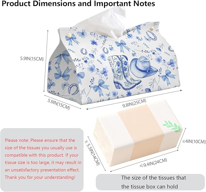 Blue Western Cowgirl Tissue Box Cover Rectangle,Blue and White Floral Toilet Paper Box Holder,Leather Decorative Facial Paper Case for Living Room Bathroom Kitchen Office Desk,9.8x5.9x5.9In