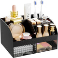 Makeup Organizer with 2 Drawers, Cosmetic Storage for Dresser Vanity and Bathroom Countertop,Make up organization and Skincare Storage with Beauty Brush Holder, Cosmetic Display Case (Black)