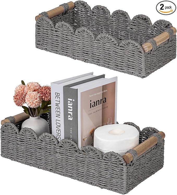 CubesLand Toilet Paper Storage Basket, Scalloped Edge Shelves Basket for Organizing for Over Toilet Tank Storage, Home Decor Baskets for Shelf, Countertop, Living Room, Bedroom, Handwoven, Grey