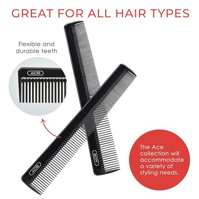 ACE GOODY ACE All Purpose Hair Comb - 7 Inch, Black - Great for All Hair Types - Fine Comb Teeth for Thin to Medium Hair,61286, 1 Count (Pack of 3)