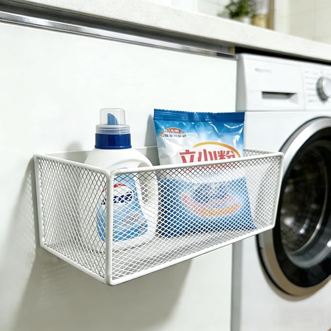 Magnetic Basket Organizer Holder for Fridge，Magnetic Shelf for Washing Machine， Magnetic Mesh Basket, White Rectangular Steel Shelf Organizer, 10.43 x 4.92 x 3.15 Inches (White, 2 pack)