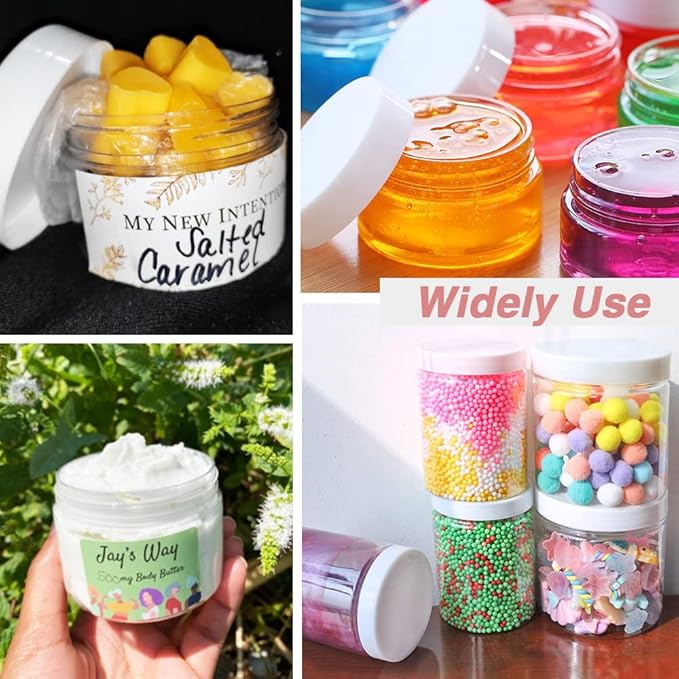 8oz Slime Containers with Lids 8 oz Plastic Jars with White Lids + 20g Sample Jars (Set of 24) Airtight Container for Lip Scrub, Body Butters, Cream, Slime, Craft Storage