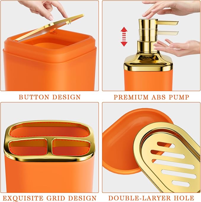 Bathroom Accessories Set - Luxury Orange Bathroom Set, 9 Pieces Bathroom Accessory Set, Orange Bathroom Accessories with Trash Can, Toilet Brush & Soap Dispenser