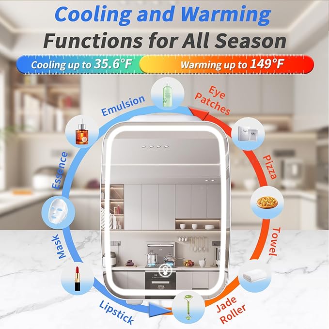 Skincare Fridge Mini Fridge for Bedroom with Dimmable LED Mirror, 4Liter/6 Cans Cooler and Warmer for Makeup, Cosmetic, Beauty, Portable Refrigerator for Bedroom, Vanity, Office and Car- White