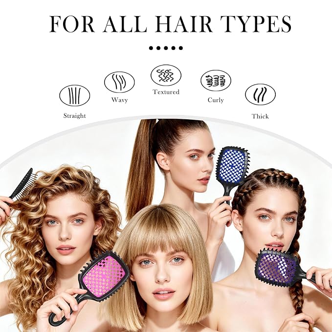 Detangler Brush – 2 Pack Vented Hair Brush for Wet/Dry Hair – Easy, Pain-Free Detangler Brush Reduces Knots & Breakage – For Curly, Straight, Thick or Fine Hair – Women, Men & Kids (Black+Blue)