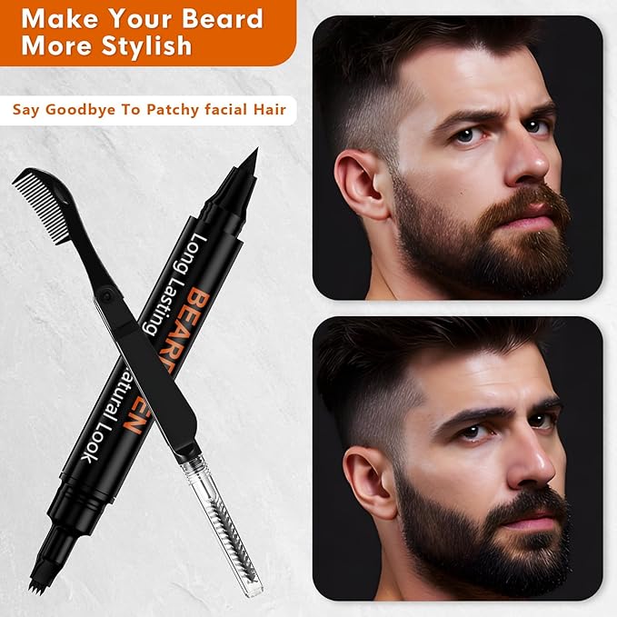 3-Pack Beard Pen Filler for Men, Waterproof & Sweat Proof Long-Lasting Beard Pen Kit with 2 Fillers & 1 Double-Headed Brush – Effectively Enhances Facial Hair (Brown)