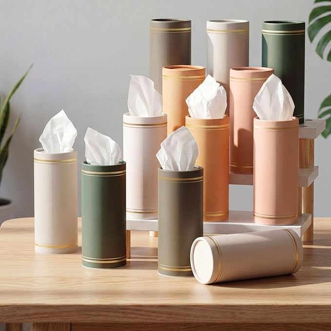 12 Pack Car Tissue Cylinder Holder Bulk with 3 Ply Facial Tissues, Round Napkin Holders for Cup Holder Cylinder Travel Paper Tubes Bulk Round Napkin Boxes Packs(Morandi)