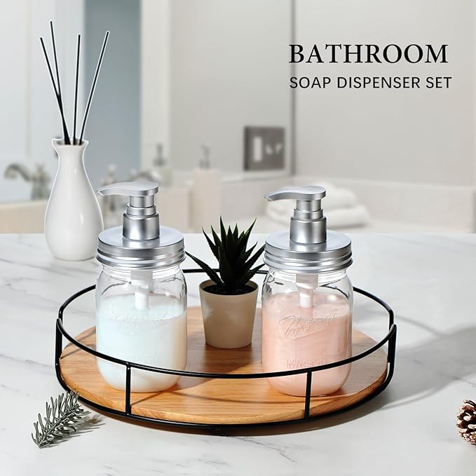 Amolliar Plastic Mason Jar Soap Dispenser with Pump Lid,16OZ Refillable Hand Soap Dispenser Set with Cute Lables - Farmhouse Decor for Kitchen/Bathroom, Liquid Soap, Dish Soap, Lotion (Silver)