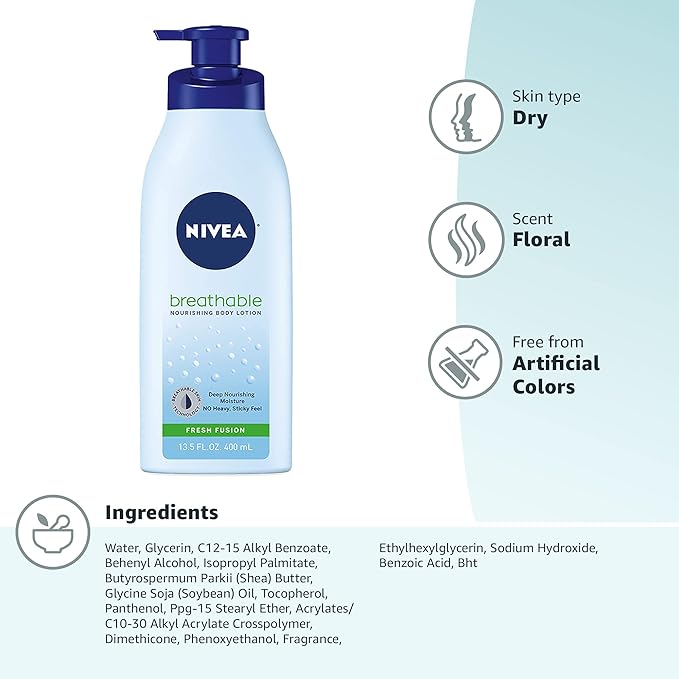 NIVEA Breathable Nourishing Body Lotion Fresh Fusion,Body Lotion for Dry Skin,13.5 Fl Oz Pump Bottle,(Pack of 2)