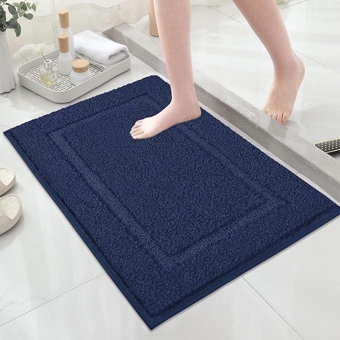 SHACOS Soft Fluffy Bathroom Rugs Set of 3 Pieces Bath Mats with U Shape Toilet Rugs Non Slip Washable Bath Rugs Absorbent Bathroom Shower Carpet 16"x24"+20"x32"+U Shaped 20"x24", Navy Blue
