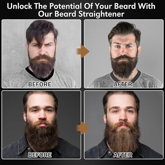 Beard Straightener for Men w/Beard Oil, Balm, Comb & E-Book for All Beard Type,w/Dual Voltage Travel-Friendly,Auto Shut-Off,Anti-Scald Feature Heated Straightening Brush Kit,Unique Gifts for Men Him