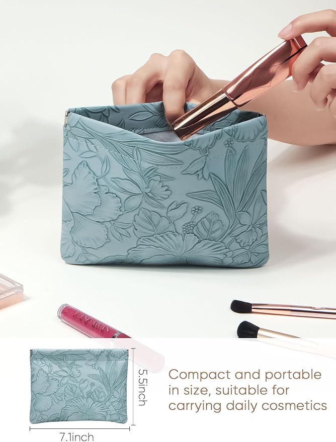 Floral Leather Makeup Pouch Set for Women Small Make Up Bag for Purse Waterproof Initial Makeup Cosmetic Bags Pouches for Purse Aesthetic Travel Toiletry Bag, Blue