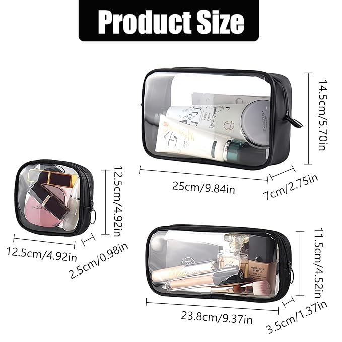 Clear TSA Approved Toiletry Bag Set - 3 Pack (Large, Small and Mini) Clear Cosmetic Bag with Zipper, Quart Size Travel Essentials Organizer Perfect for Carry-On Luggage (TPU-3LSM-Black)