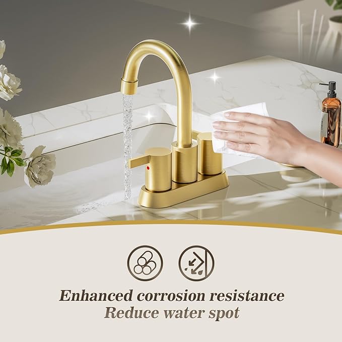 Phiestina Brushed Gold 4 Inch 2 Handle Centerset Lead-Free Bathroom Faucet 2 Pack, Swivel Spout with Copper Pop Up Drain and 2 Water Supply Lines,BF15-1-BG-2PACK