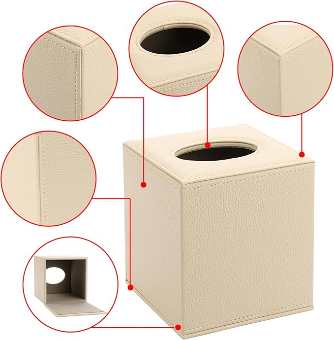 Sumnacon Tissue Box Cover Square Tissue Box Stylish PU Tissue Box Holder with Magnetic Bottom, Cube Leather Tissue Cover for Living Room Bathroom Table Desk Home Office Car, Beige