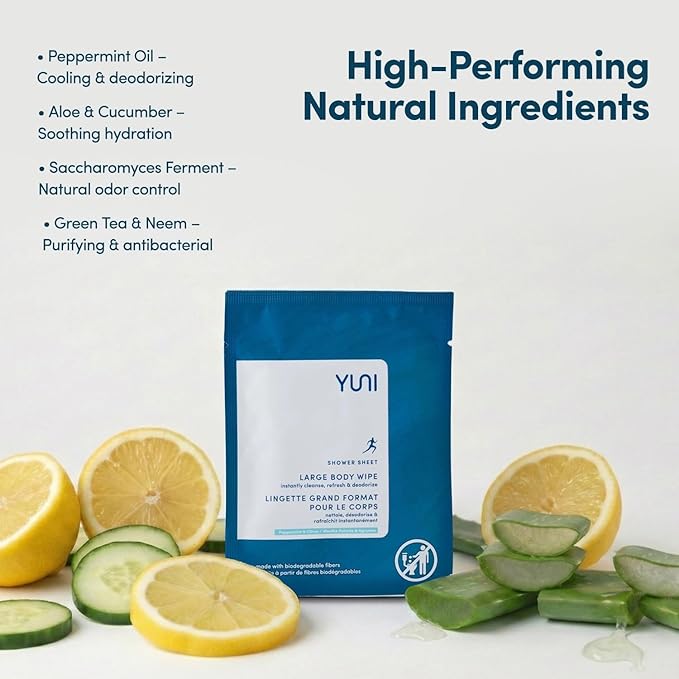 YUNI Beauty Large Body Wipes (Peppermint Citrus, 30 Count) Super Soft Moist Showerless Wipes that Cleanse & Deodorize - On-the-Go No Rinse Body Cleanser - Biodegradable Individually Wrapped