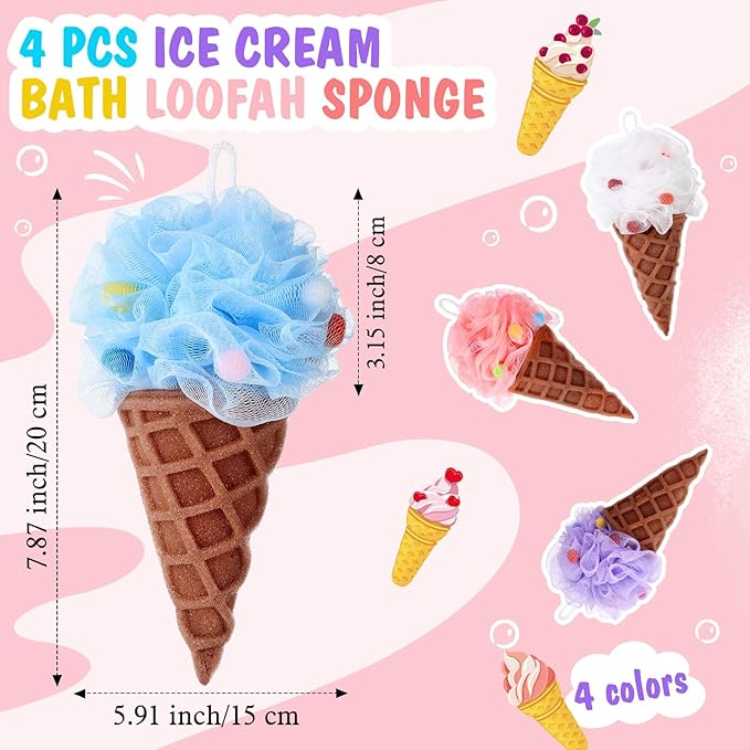 4 Pcs Ice Cream Bath Loofah Sponge Cartoon Body Scrubber Loofah Soft Mesh Exfoliating Bath Scrubber Shower Ball for Shower Sponge Gifts Exchange Birthday Party