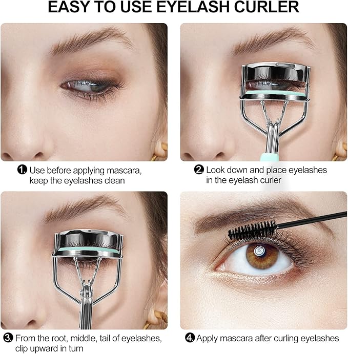 Eyelash Curler with Comb and Brush Fit All Eye Shape Curved Eyelash Curlers with 5PCS Silicone Refill Pad,Natural and Long Lasting Lash Curler for Women Make Up Gift(Blue)